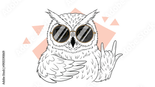 Cool owl wearing round black sunglasses and making a rock on hand gesture with its wing against a geometric pink background.
