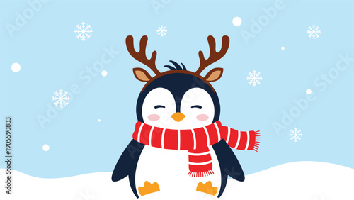 Cute little penguin wearing a reindeer antler headband and a red striped scarf, standing in a snowy winter landscape.