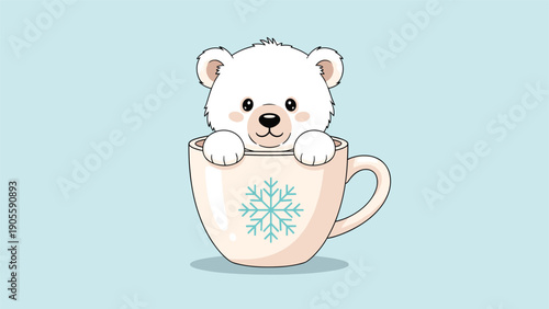 Cute baby polar bear peeking out from a cream colored teacup decorated with a blue snowflake, isolated on a light blue background.