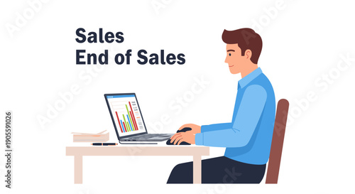 Man Working on Laptop with Sales Data.