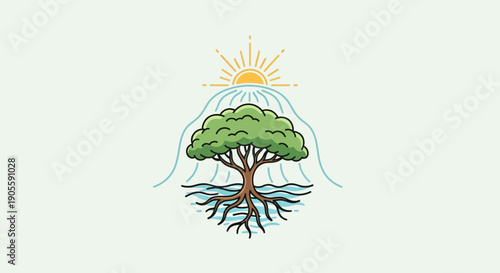 Life Cycle Tree With Sun And Water Illustration - Growth And Nature Concept