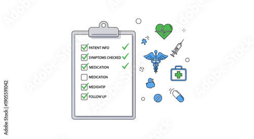 Medical Checklist on Clipboard with Health Icons.