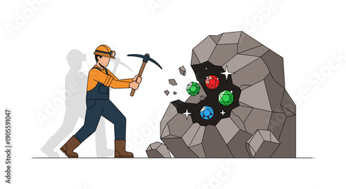 Miner Extracting Gems from Rock Formation.
