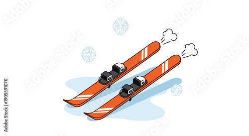 Pair of Orange Skis with Bindings.