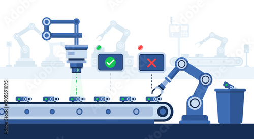 Robotic Arm Inspecting Products on Conveyor Belt.