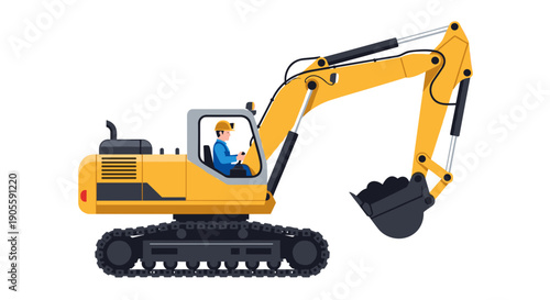 Yellow Excavator with Operator Inside Cab.