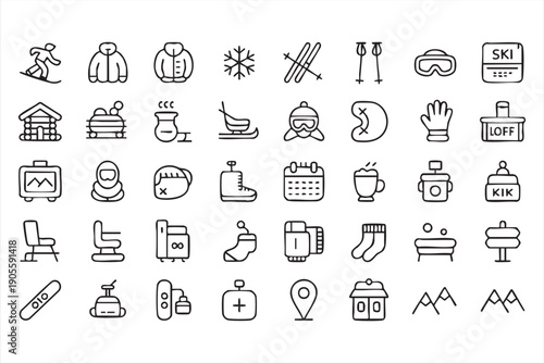 Snowboarding and Ski Equipment Outline Icons for Outdoor Brands