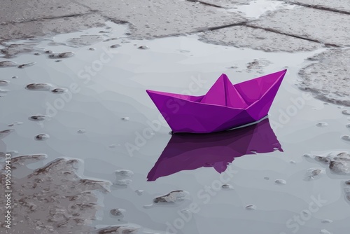 Colorful Purple Origami Boat Floating on Water Reflecting Surrounding Environment