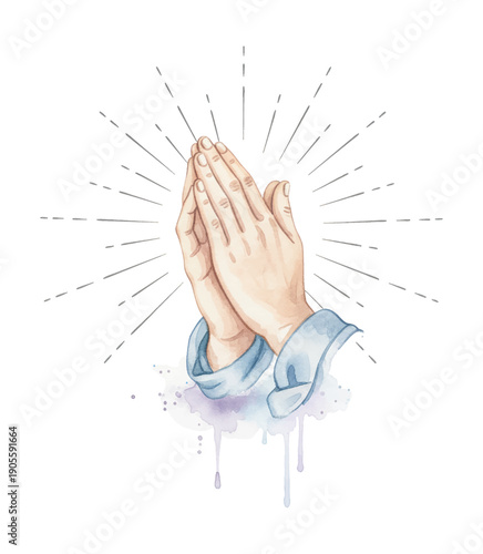 Hands folded in prayer showing devotion and hope with radiating light and watercolor artistic style