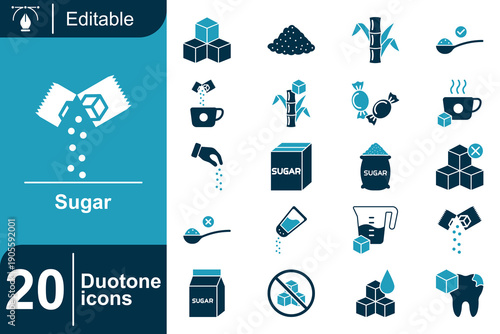 20 Duotone Icons of Sugar Sweetness, Sweetener, Crystals, Cane, and Related Concepts