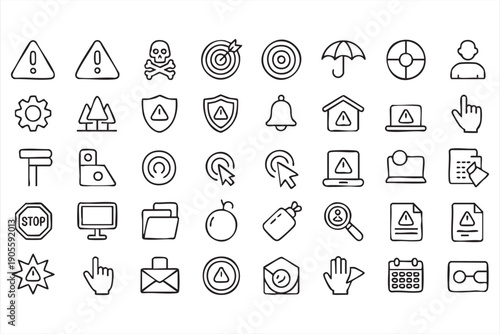 Black and White Safety Notification Outline Icons for Interfaces