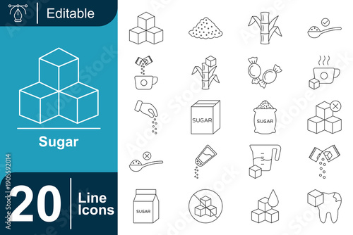Sugar Line Icons Set Sweetener, Sugar Cubes, Candies, Coffee, Food and Drink Related Vector Graphics