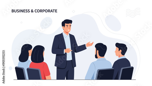 Business presentation, speaker addressing audience in corporate meeting room