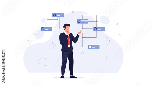 Businessman analyzing flowchart, decision making, strategy, planning, problem solving, corporate concept