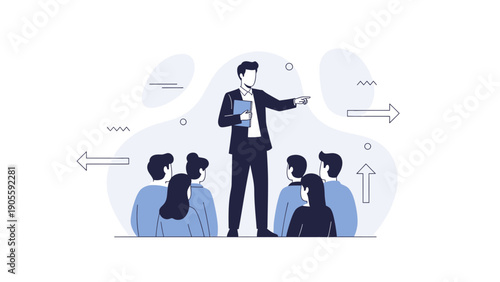Businessman points forward leading team, concept of leadership and direction