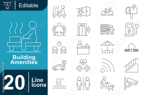 Collection of 20 building amenities icons, featuring leisure, transport, security, and service elements for modern living