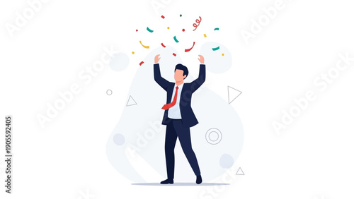 Businessman celebrating success with confetti falling, isolated on white background