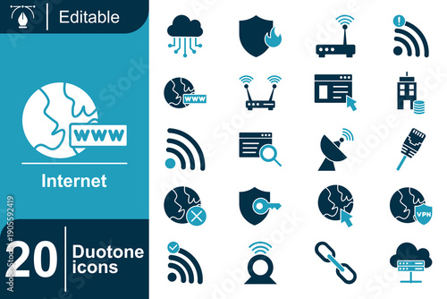 Internet and Network Icons A Collection of 20 Duotone Symbols for Web Technology and Connectivity