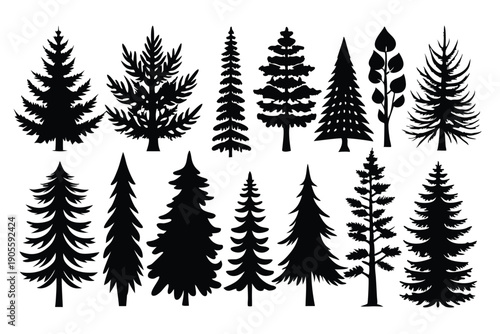 set of pine tree silhouette line art vector illustration with a white background