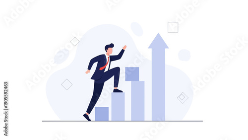 Businessman climbing bar chart steps towards success and growth concept