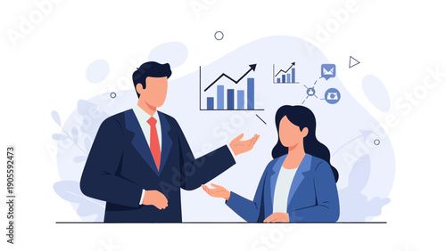 Business meeting: man and woman discussing growth charts and analytics