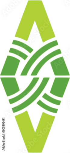 A symmetrical diamond-shaped logo featuring green field patterns and curved lines, representing agricultural innovation, sustainability, and organic growth.