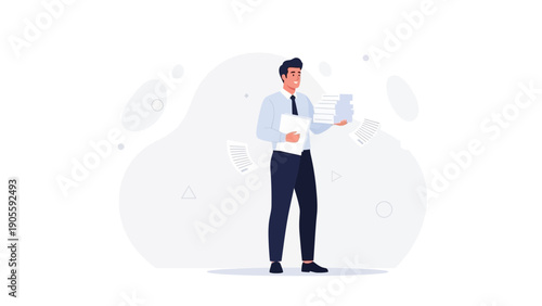 Businessman holding stack of documents, paperwork flying around, office work concept