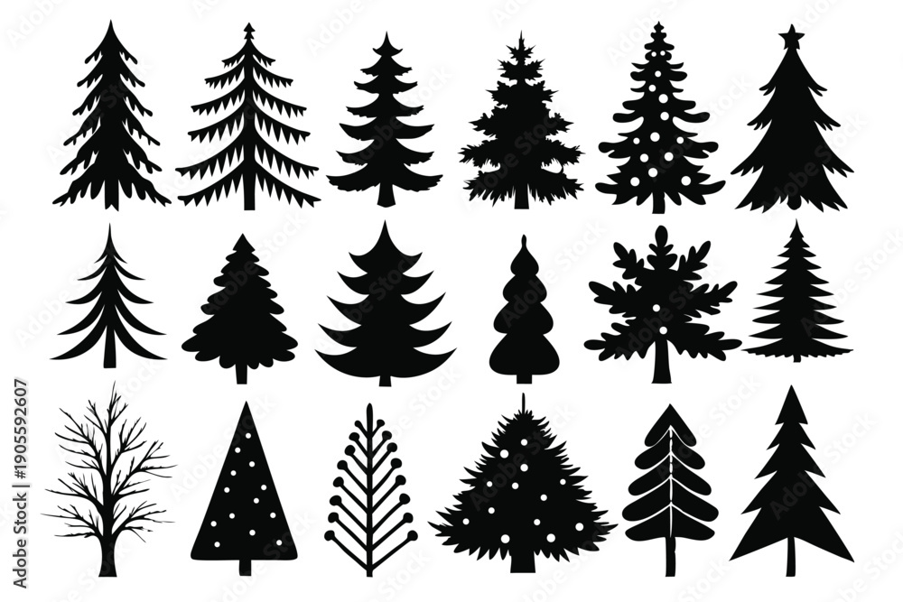 Obraz premium set of pine tree silhouette line art vector illustration with a white background