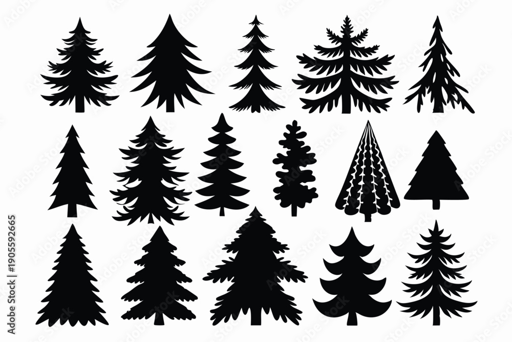 Fototapeta premium set of pine tree silhouette line art vector illustration with a white background