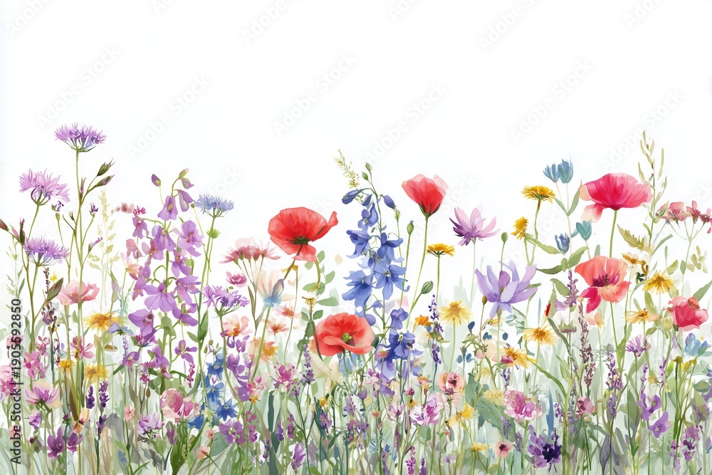 Fototapeta premium Vibrant Watercolor Wildflower Border on White