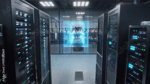 Server room with futuristic technology and digital interface