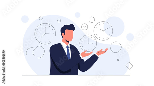 Businessman juggling multiple clocks, symbolizing time management and deadlines