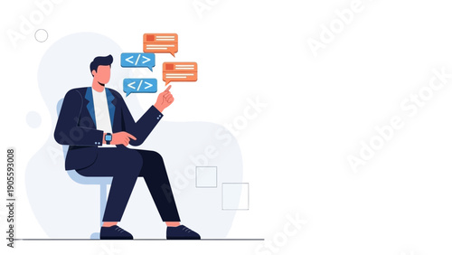 Man coding and communicating with speech bubbles, digital concept
