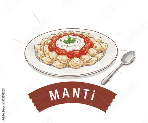 Delicious Manti Dumplings with Tomato Sauce Yogurt and Mint Herbs on White Plate with Spoon Appetizing Food