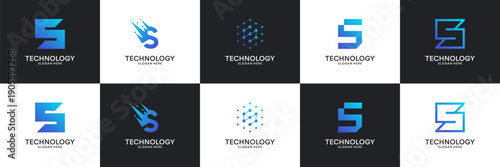 Set of modern initial letter S tech logo. Abstract  icon for technology, internet, digital.