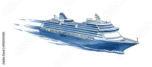 Blue and white large cruise ship moving swiftly through water a dynamic watercolor illustration