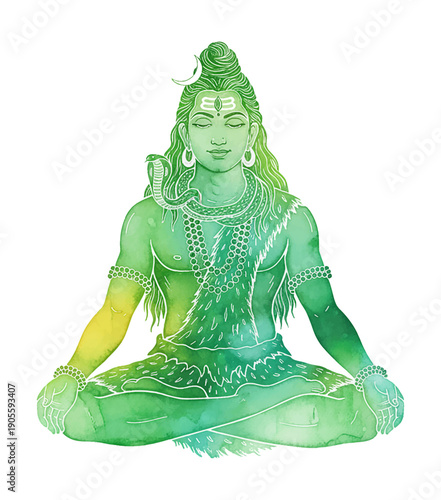 Hindu god Shiva meditating peacefully in lotus pose with third eye and snake green yellow watercolor