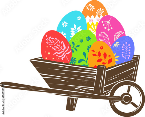 Beautiful brightly colored Easter eggs in a wooden cart