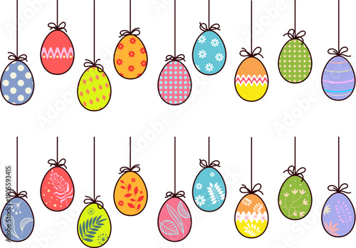Beautiful painted Easter eggs hang on strings