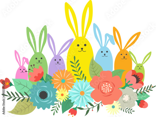Easter bunnies of different colors and beautiful colorful flowers with leaves