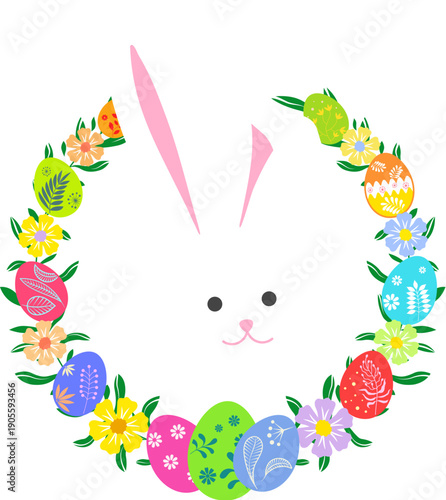 White cute Easter bunny, wreath of beautiful flowers and Easter painted eggs