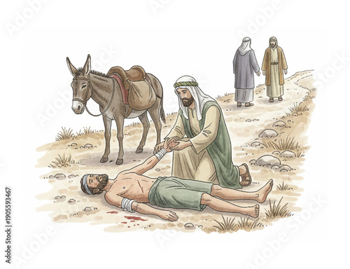 A kind Middle Eastern man helps an injured helpless man on a desert road while others walk away with a donkey