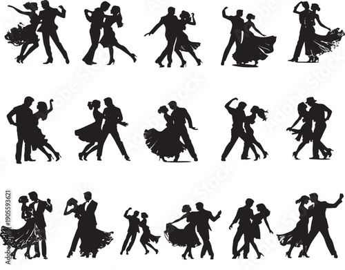 This image features a collection of black silhouettes depicting couples dancing in various styles and formations. The dancers are shown in mid-movement, showcasing the elegance and grace of different 