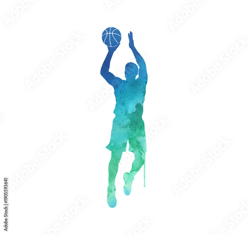 Dynamic watercolor basketball player silhouette shooting a ball in mid air with blue green gradient