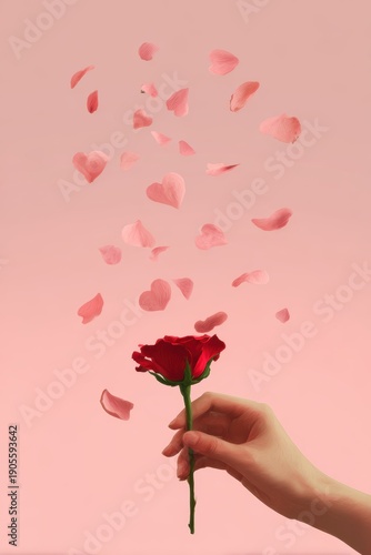 Hand Holding Red Rose with Floating Pink Petals on Soft Pink Background for Romantic Themes