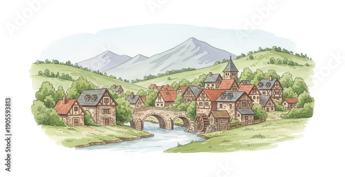 Charming European village with a stone bridge over a river a water mill nestled among green hills and mountains