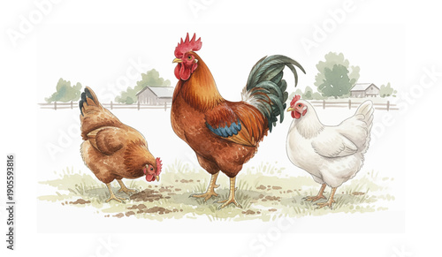 Vibrant watercolor painting of a proud majestic rooster and two happy hens on a green farm field