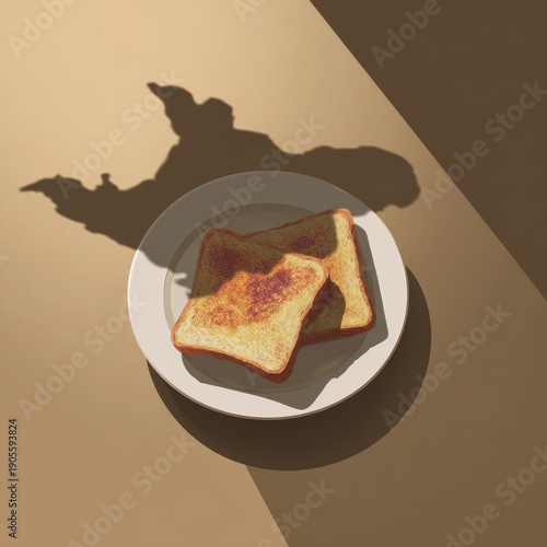 Golden Toast Slices on White Plate Against Cream Background With Creative Shadow Play