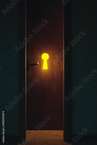 Mysterious Door with Illuminated Keyhole in Dark Room Setting at Night