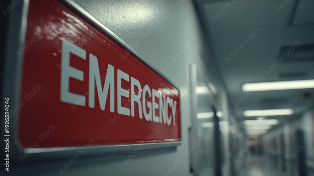 Obraz premium Close-up of a red emergency sign on a wall in a blurred hospital hallway